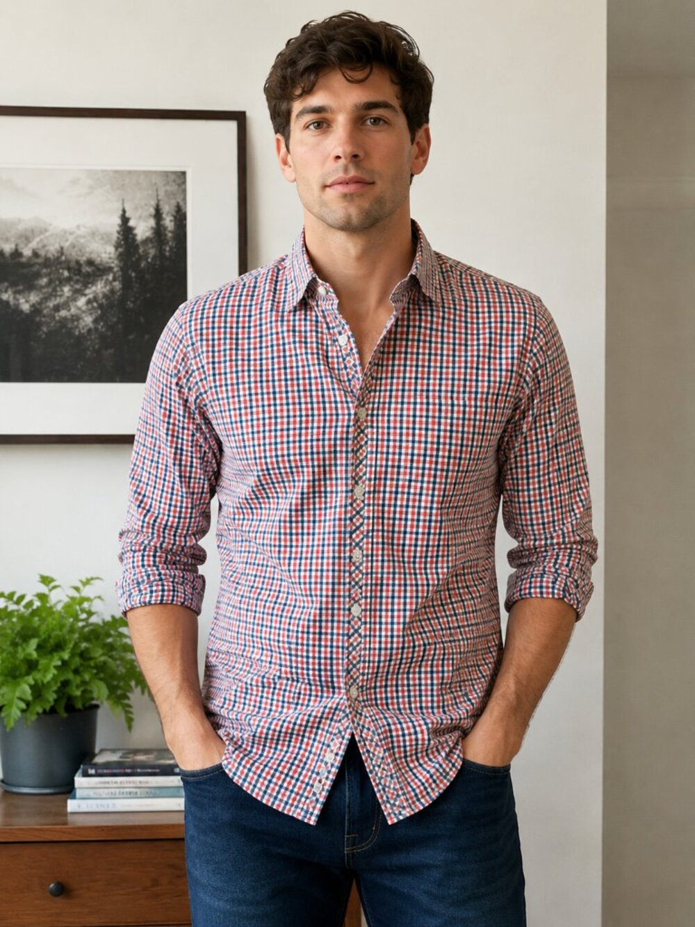 J.Crew Slim Fit Button Down Shirt Men’s Small Plaid Red Blue White Long Sleeve